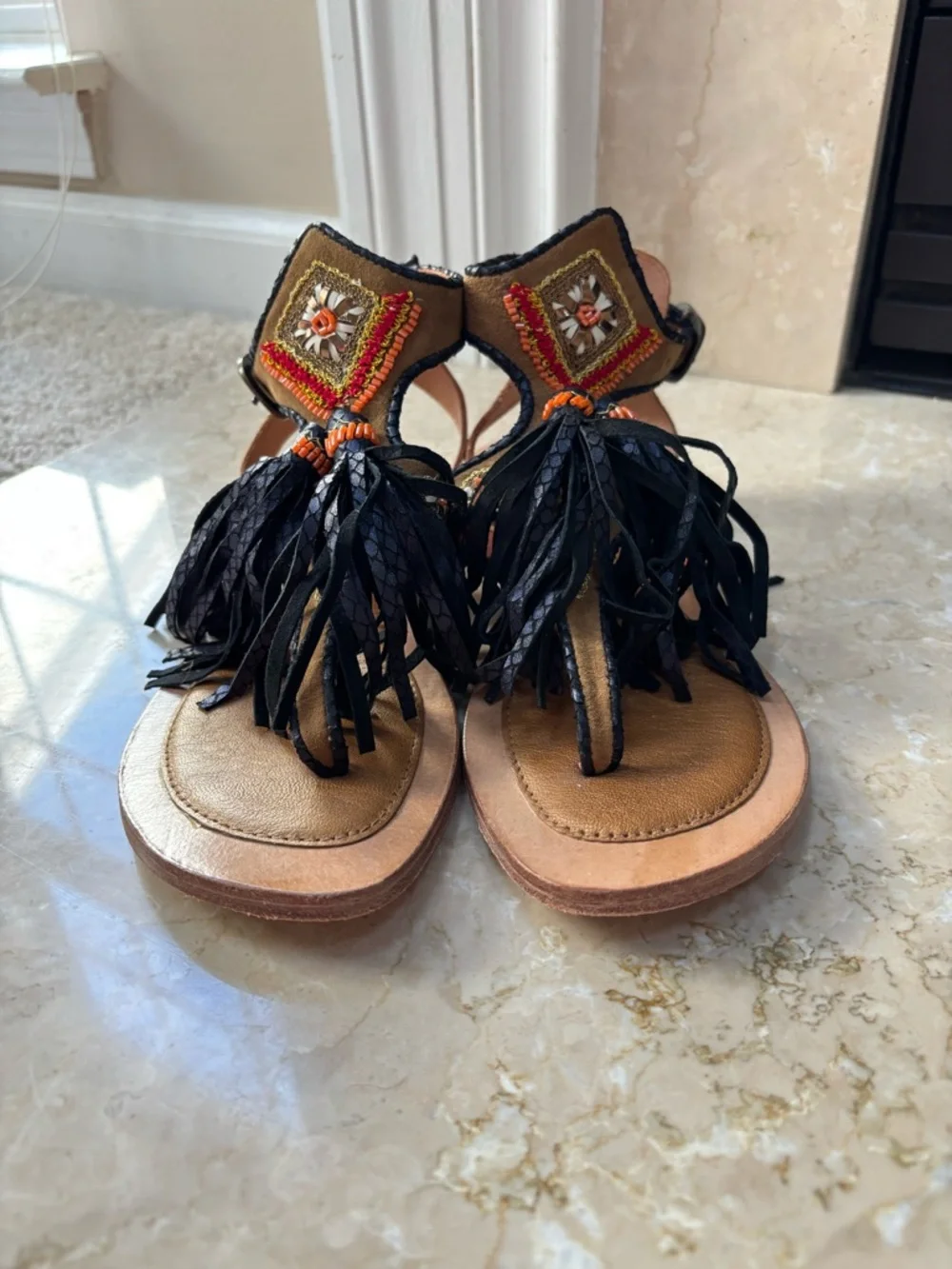Meher Kakalia Tiki Sofia Bead Tassel Boho Sandals in Suede Spice, Size 36/US 6